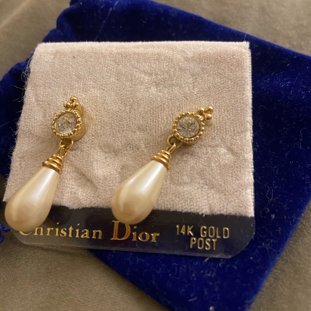 Christian Dior Pearl Drop Earrings with 14K gold posts - Picture 2 of 3
